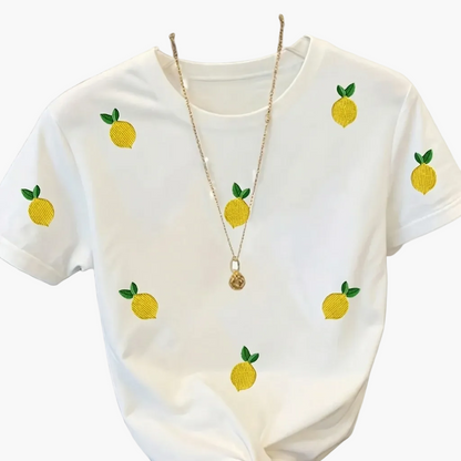 Damen T-Shirt mit Zitronen-Stickerei, Casual Sommer Oberteil, stylisch und verspielt