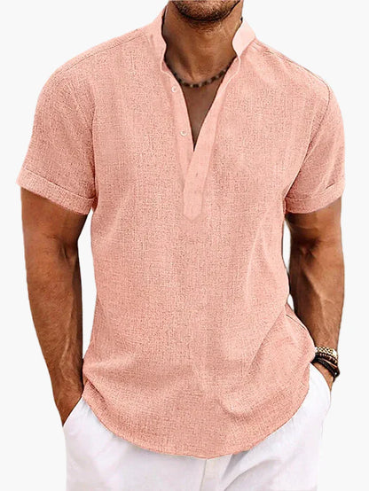 Herren Sommer Veganes Leinenhemd Kurzarm Henley für Freizeit und Urlaub